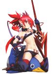  1girl absurdres arm_belt belt boots breasts choker demon_girl demon_tail demon_wings disgaea disgaea_d2 earrings elbow_gloves etna flat_chest gloves hara_shoutarou highres holding holding_spear holding_weapon jewelry makai_senki_disgaea navel pointy_ears polearm prinny red_eyes red_hair red_legwear red_wings short_shorts shorts simple_background sitting sitting_on_person skull_earrings small_breasts spear tail thigh_boots thighhighs thighhighs_under_boots twintails weapon white_background white_belt wings 
