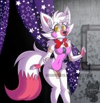  2017 amanddica animatronic anthro blush bow_tie breasts canid canine curtains dipstick_tail distracting_watermark featureless_breasts featureless_crotch female five_nights_at_freddy&#039;s fox funtime_foxy_(fnafsl) fur looking_at_viewer machine mammal multicolored_tail navel nude robot sister_location smile solo video_games watermark white_body white_fur 