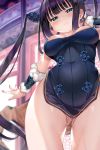  1girl arms_at_sides ass_visible_through_thighs bangs bare_shoulders bare_thighs black_dress blue_eyes blunt_bangs blurry blurry_background blush breasts breasts_apart china_dress chinese_clothes cleavage closed_mouth collarbone commentary covered_navel cowboy_shot depth_of_field detached_sleeves double_bun dress eyebrows_visible_through_hair fate/grand_order fate_(series) fingernails hair_ornament hand_up highres leaf_hair_ornament long_hair looking_at_viewer medium_breasts nail_polish pink_nails purple_hair pussy_juice short_dress sidelocks smile solo standing tem10 thighs twintails very_long_hair yang_guifei_(fate/grand_order) 