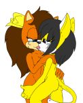  anthro black_hair blue_eyes blush bodily_fluids breasts brown_body brown_fur brown_hair butt crying domestic_cat duo felid feline felis female female/female fur hair honey_the_cat interspecies kissing mammal manx nipples nude pussy rabbitlvr91 simple_background smile sonic_the_fighters sonic_the_hedgehog_(series) sonic_x-treme tears tiara_boobowski tongue tongue_out 