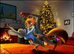  anthro bottomwear canid canine christmas christmas_tree claws clothed clothing detailed_background dipstick_ears dipstick_tail disney duo female fire fireplace fox fur gift green_eyes grey_body grey_fur holding_object holidays holly_(plant) inside judy_hopps lagomorph leporid link6432 male mammal multicolored_ears multicolored_tail nick_wilde orange_body orange_fur ornaments pants plant purple_eyes rabbit red_fox rug shirt signature text toe_claws topwear tree url zootopia 