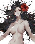  1girl black_hair collarbone flower hair_flower hair_ornament long_hair looking_at_viewer navel nipple_piercing nipples nude pale_skin parted_lips piercing red_eyes solo warship_girls_r white_background wind windforcelan 