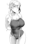  1girl armpit_peek arms_behind_back asymmetrical_hair bangs bare_shoulders blush breasts bun_cover cleavage collarbone commentary_request competition_swimsuit covered_navel fate/grand_order fate_(series) greyscale hair_between_eyes hair_ribbon large_breasts long_hair looking_at_viewer miyamoto_musashi_(fate/grand_order) miyamoto_musashi_(swimsuit_berserker)_(fate) monochrome musical_note one-piece_swimsuit pursed_lips ribbon side_bun sideboob sidelocks simple_background soba_(saz) solo sweat swept_bangs swimsuit thighs whistling 