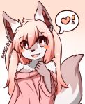  ! &lt;3 anthro bangs blush blush_stickers canid canine clothed clothing dipstick_ears dipstick_tail female fox fur hair hair_over_eye inner_ear_fluff kymma mammal multicolored_ears multicolored_tail one_eye_obstructed pictographics pink_eyes pink_hair rinniekuu smile solo speech_bubble standing sweater topwear tuft 