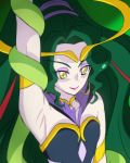  1girl arm_up armpits breasts cleavage closed_mouth green_hair haruyama_kazunori hoop lips long_hair looking_away medium_breasts ophiuchus_(precure) pale_skin precure smile solo spoilers star star-shaped_pupils star_twinkle_precure symbol-shaped_pupils yellow_eyes 