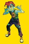  1boy english_commentary green_shirt highres looking_at_viewer male_focus mohawk orange_eyes orange_hair pants personification salmonid scales shaka_sign sharp_teeth shirt shoes simple_background sneakers solo splatoon_(series) splatoon_2 tank_top teeth torn_clothes torn_pants yellow_background 
