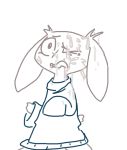  anthro bodily_fluids cave_story clothing cum female genital_fluids lagomorph looking_at_viewer low_res mammal mimiga monochrome scar solo sue_sakamoto sweater the_weaver topwear video_games 