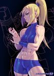  1girl abs arm_cannon artist_name biceps blonde_hair commentary dark_background english_commentary holding_own_wrist kajin_(kajinman) looking_at_viewer metroid metroid_fusion mole mole_under_mouth muscle muscular_female navel patreon_username ponytail samus_aran serious short_shorts shorts silhouette sleeveless solo stomach watermark weapon web_address wristband 
