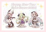  2020 3girls ;d alencia_(epic7) armored_boots armored_leotard aunt_and_niece bangs bare_shoulders black_hairband black_horns black_legwear black_sleeves blue_bow boots border bow bracelet breasts chain chibi cleavage covered_navel cross_hair_ornament detached_sleeves dragon_girl dragon_horns dragon_tail dress english_commentary epic7 eyebrows_visible_through_hair fang firework_background flat_chest forehead_jewel full_body gauntlets green_hair hair_ornament hairband hand_up happy_new_year head_tilt highres horns jewelry kuyoi large_breasts leotard long_hair low-tied_long_hair luna_(epic7) multiple_girls new_year one_eye_closed open_mouth pink_border pointy_ears purple_bow purple_dress red_eyes shadow siblings sidelocks signature silver_dress sisters sleeves_past_wrists smile sparkle tail tail_bow tail_bracelet thick_eyebrows thighhighs underbust v very_long_hair white_background white_footwear white_hair white_leotard white_sleeves yufine_(epic7) 