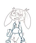  anthro bodily_fluids cave_story clothing cum female genital_fluids lagomorph looking_at_viewer low_res mammal mimiga monochrome scar solo sue_sakamoto sweater the_weaver topwear torn_clothing video_games 