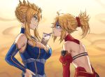  2girls ahoge artoria_pendragon_(all) artoria_pendragon_(lancer) back blonde_hair blue_dress blue_ribbon braid breast_envy breasts bubble_tea bubble_tea_challenge cleavage collar crown cup detached_sleeves dress drinking_straw fate/apocrypha fate/grand_order fate_(series) french_braid green_eyes hair_bun hair_ornament hair_scrunchie hands_on_hips height_difference highres hunched_over large_breasts mordred_(fate) mordred_(fate)_(all) multiple_girls profile red_collar red_scrunchie red_skirt ribbon scrunchie shaded_face sidelocks skirt small_breasts smile tonee turn_pale 