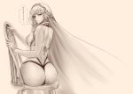  1girl altera_(fate) ass blush breasts chair fate/grand_order fate_(series) from_behind hayama_kazusa highres looking_back midriff monochrome sitting veil 