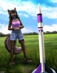  2020 4_toes 5_fingers anthro aurru barefoot black_nose breasts canid canine canis clothed clothing day detailed_background digital_media_(artwork) female fingers grass green_eyes mammal open_mouth outside sky smile standing teeth toes tongue wolf 
