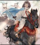  1boy black_hair blue_eyes bridle firing flag gun haori highres horse horseback_riding japanese_clothes katana kimono kiwame_(touken_ranbu) male_focus mole mole_under_eye petals riding rifle saddle sandals scarf shinsengumi sword touken_ranbu weapon yamato-no-kami_yasusada ymy 