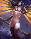  1girl absurdres boots breasts broom brown_eyes brown_legwear gloves glowing glowing_wings hat highres looking_at_viewer mercy_(overwatch) nipples nude overwatch paid_reward patreon_reward pussy solo spread_wings thigh_boots thighhighs thunder wings witch_hat yellow_wings zarory 