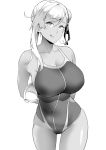  1girl armpit_peek arms_behind_back asymmetrical_hair bangs bare_shoulders blush breasts bun_cover cleavage closed_mouth collarbone commentary_request competition_swimsuit covered_navel fate/grand_order fate_(series) greyscale hair_between_eyes hair_ribbon large_breasts licking_lips long_hair looking_at_viewer miyamoto_musashi_(fate/grand_order) miyamoto_musashi_(swimsuit_berserker)_(fate) monochrome one-piece_swimsuit pursed_lips ribbon side_bun sideboob sidelocks simple_background soba_(saz) solo sweat swept_bangs swimsuit tan thighs tongue tongue_out 