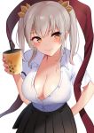  1girl bangs breasts bubble_tea cleavage contemporary cup disposable_cup drinking_straw hair_ornament highres holding holding_cup jin-guang_sheng-pu large_breasts looking_at_viewer medium_hair mizuki_eiru_(akagi_kurage) red_scarf scarf sennen_sensou_aigis shirt short_sleeves sidelocks silver_hair simple_background skirt smile solo standing white_background white_shirt yellow_eyes 