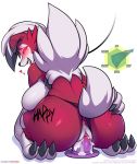  &lt;3 anus big_butt blush bodily_fluids breasts butt dildo dildo_sitting female genital_fluids hi_res looking_back lycanroc masturbation midnight_lycanroc nintendo open_mouth penetration pok&eacute;mon pok&eacute;mon_(species) pussy pussy_juice rabbitbrush sex_toy simple_background solo text url vaginal vaginal_masturbation vaginal_penetration video_games white_background 