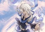  1boy absurdres bangs blue_eyes braid edo-sama granblue_fantasy highres hooded_coat long_hair male_focus noa_(granblue_fantasy) outstretched_hand pale_skin silver_hair single_braid sky smile solo 