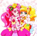  2girls :o bangs blonde_hair blunt_bangs bow brooch bubble_skirt choker closed_mouth cowboy_shot cure_grace cure_sparkle double_bun earrings flower gloves green_eyes hair_bun hair_flower hair_ornament hanadera_nodoka healin&#039;_good_precure heart heart_hair_ornament hiramitsu_hinata jewelry long_hair looking_at_viewer magical_girl multiple_girls open_mouth orange_bow pink_eyes pink_hair pink_neckwear pink_skirt pom_pom_earrings precure red_flower red_rose reira_(reomimi0211) rose short_hair skirt smile standing twintails white_gloves yellow_neckwear 