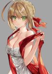  1girl ahoge bangs bare_shoulders blonde_hair blush braid breasts cleavage closed_mouth collarbone dress fate/extra fate_(series) french_braid gambe green_eyes grey_background hair_bun hair_intakes hair_ribbon highres large_breasts long_hair looking_at_viewer nero_claudius_(fate) nero_claudius_(fate)_(all) red_ribbon ribbon simple_background smile solo white_dress 