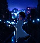  1girl 3d absurdres black_hair blurry bokeh building closed_mouth cowboy_shot depth_of_field feet_out_of_frame fingerless_gloves gloves highres holding holding_phone hood hoodie koikatu looking_at_viewer midori_mint night night_sky original outdoors pants phone short_hair sky snow snowing solo standing winter 