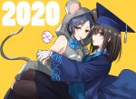  2020 2girls animal_costume animal_hood black_hair black_legwear blue_bow blue_hair bow chinese_zodiac finger_to_mouth gloves hat hayami_kanade hood hoodie idolmaster idolmaster_cinderella_girls medium_hair mortarboard mouse_costume mouse_hood mouse_tail multiple_girls new_year parted_lips romi_(346_ura) sagisawa_fumika short_hair sleeveless sleeveless_hoodie speech_bubble tail white_gloves year_of_the_rat yellow_background yellow_eyes 