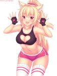  1girl :d animal_ear_fluff animal_ears bangs bare_arms bare_shoulders black_gloves blonde_hair blush breasts cat_ears cat_girl cat_tail cleavage cleavage_cutout collarbone commentary covered_navel crop_top english_commentary eyebrows_visible_through_hair fang fast-runner-2024 fingerless_gloves gloves groin hair_between_eyes hands_up heart_cutout high_ponytail highres leaning_forward long_hair looking_at_viewer medium_breasts navel open_mouth original ponytail red_eyes red_shorts short_shorts shorts simple_background slit_pupils smile solo tail tail_raised thighhighs tiffy_(fast-runner-2024) upper_teeth very_long_hair watermark web_address white_background white_legwear 