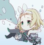  1girl animal blonde_hair blush boots bubble chibi dolphin full_body green_eyes hairband kantai_collection luigi_torelli_(kantai_collection) mitsume_(trancetion) outstretched_arms rigging short_hair simple_background sleeveless smile thigh_boots thighhighs underwater wetsuit white_hairband 