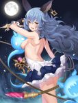  1girl absurdres animal_ears arm_up armpits aura back backless_dress backless_outfit bare_shoulders black_gloves blue_hair blush breasts cowboy_shot curly_hair dress erune ferry_(granblue_fantasy) frilled_dress frills from_behind full_moon ghost gloves granblue_fantasy hair_between_eyes highres holding_whip jewelry long_hair looking_at_viewer looking_back medium_breasts moon nekosama_shugyouchuu night night_sky open_mouth sideboob single_earring sky sleeveless sleeveless_dress solo star_(sky) starry_sky swinging thighs upper_teeth very_long_hair whip yellow_eyes 