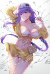 1girl bangs bare_shoulders bb_(fate)_(all) bb_(fate/extra_ccc) bb_(swimsuit_mooncancer)_(fate) breasts fate_(series) highres jacket large_breasts long_hair purple_eyes purple_hair sano_jinya skirt smile thighs very_long_hair yellow_jacket yellow_skirt 
