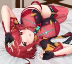  1girl armor bangs bed bed_sheet blush breasts earrings fingerless_gloves gem gloves hair_ornament headpiece homura_(xenoblade_2) indoors jewelry large_breasts looking_at_viewer lying open_mouth red_eyes red_hair room smile solo sssemiii swept_bangs thighhighs tiara xenoblade_(series) xenoblade_2 