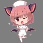  1girl ;d animal_ears bangs bat_ears black_wings blush breasts brown_hair brown_outline chibi commentary_request detached_wings dress eyebrows_visible_through_hair grey_background hair_between_eyes hand_up hat heart medium_breasts mini_wings noai_nioshi nurse nurse_cap one_eye_closed open_mouth original red_eyes short_sleeves smile solo standing standing_on_one_leg thighhighs white_dress white_footwear white_headwear white_legwear wings 