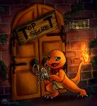  2012 absurd_res ambiguous_gender chain charmander claws digital_media_(artwork) door english_text feral fire flaming_tail green_eyes haychel hi_res key lock nintendo open_mouth orange_body orange_skin pok&eacute;mon pok&eacute;mon_(species) pok&eacute;mon_mystery_dungeon reptile scalie scarf secret sign solo text toe_claws video_games warm_colors 