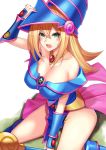  1girl bare_shoulders blonde_hair blue_footwear blush_stickers breasts cleavage dark_magician_girl duel_monster green_eyes hat large_breasts long_hair pentacle solo staff tattsun_(tymn3385) wand witch_hat wizard_hat yuu-gi-ou yuu-gi-ou_duel_monsters 