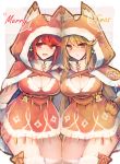  2girls alternate_costume animal_ears artist_request blonde_hair blush breasts christmas cleavage closed_mouth coat dual_persona gloves hikari_(xenoblade_2) homura_(xenoblade_2) large_breasts long_hair looking_at_viewer multiple_girls multiple_persona nervous open_mouth pantyhose red_eyes red_hair ribbon short_hair smile thighs very_long_hair xenoblade_(series) xenoblade_2 yellow_eyes 