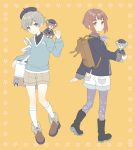  2girls :o anchor anchor_symbol backpack bag bangs beret blue_eyes blue_neckwear blush boots brown_eyes brown_hair closed_mouth collared_shirt commentary_request eyebrows_visible_through_hair floral_print full_body hat highres holding holding_stuffed_animal jacket kantai_collection kneehighs long_sleeves multiple_girls neck_ribbon orange_background pantyhose ribbon sailor_hat shiosoda shirt shoes short_hair shorts silver_hair smile socks stuffed_animal stuffed_toy teddy_bear z1_leberecht_maass_(kantai_collection) z3_max_schultz_(kantai_collection) 