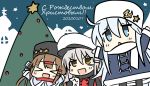  &gt;_&lt; 3girls arms_up bangs black_headwear black_scarf blue_eyes blush brown_hair chibi christmas dated eyebrows_visible_through_hair facial_scar gangut_(kantai_collection) grey_hair hair_ornament hair_ribbon hairclip hammer_and_sickle hat hibiki_(kantai_collection) hizuki_yayoi holding kantai_collection long_hair long_sleeves low_twintails multiple_girls open_mouth papakha red_scarf ribbon russian_text scar scarf silver_hair star tashkent_(kantai_collection) twintails verniy_(kantai_collection) white_headwear white_scarf yellow_eyes 
