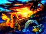  2012 4:3 absurd_res ambiguous_gender blue_body blue_skin bulbasaur charmander detailed_background digital_media_(artwork) fire flaming_tail green_body green_eyes group haychel hi_res nintendo orange_body orange_skin pok&eacute;mon pok&eacute;mon_(species) purple_eyes red_eyes shell squirtle starter_trio sunset tree turtle_shell video_games water wood 