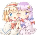  2girls ;) ;d alice_margatroid arnest bangs blonde_hair blue_bow blue_eyes blush bow bowtie capelet commentary_request crescent crescent_hair_ornament dress eyebrows_visible_through_hair frilled_capelet frilled_hairband frilled_sleeves frills hair_bow hair_ornament hairband holding_hands lolita_hairband long_hair long_sleeves looking_at_another multiple_girls no_hat no_headwear one_eye_closed open_mouth patchouli_knowledge purple_capelet purple_dress purple_eyes purple_hair red_bow red_hairband red_neckwear short_hair sidelocks simple_background smile touhou upper_body white_background white_capelet 