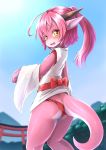  ahoge anthro armwear asian_clothing blush butt clothed clothing detached_sleeves dragon east_asian_clothing female fundoshi hair hi_res horn japanese_clothing looking_back open_mouth pink_body pink_hair pink_skin ponytail rear_view scalie shiitakemeshi shrine_maiden solo torii underwear 