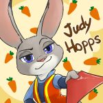  2016 abstract_background anthro blue_eyes clothing disney english_text fur grey_body grey_fur holding_object judy_hopps lagomorph leporid looking_at_viewer mammal pink_nose police_uniform rabbit smile solo teamwiwik text uniform zootopia 