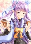  1girl bangs blue_kimono blue_ribbon blush bow brown_eyes commentary_request eyebrows_visible_through_hair food hair_ribbon highres hikawa_kyoka holding holding_food japanese_clothes kimono long_hair long_sleeves looking_at_viewer open_mouth pointy_ears princess_connect! princess_connect!_re:dive purple_hair ribbon ribbon-trimmed_kimono ribbon_trim sidelocks solo steam taiyaki tears twintails very_long_hair wagashi wide_sleeves yellow_bow zenon_(for_achieve) 