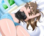  bare_arms bare_shoulders blue_(pokemon) blue_shorts blush breasts brown_hair curtains hair_between_eyes highres large_breasts long_hair lying midriff navel on_side pokemon pokemon_(game) pokemon_lgpe short_shorts shorts sidelocks smile solo thighs window yensh 