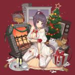  1girl animal_ears arknights artist_name bangs bare_shoulders bell black_hair blue_eyes blunt_bangs blush bow breast_hold breasts cat cat_ears cat_girl cat_tail choker christmas cleavage collarbone full_body garter_straps gloves hair_bow itoucon jessica_(arknights) large_breasts lips lipstick long_hair looking_at_viewer makeup merry_christmas parted_lips ponytail red_background red_gloves revealing_clothes see-through signature simple_background sitting skindentation solo tail thighhighs white_legwear yokozuwari 