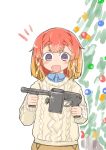  1girl blonde_hair bob_cut cable_knit casual christmas_tree commentary_request enjaku_izuku etorofu_(kantai_collection) gradient_hair gun highres kantai_collection long_hair long_sleeves medium_hair multicolored_hair open_mouth red_hair solo submachine_gun sweater thick_eyebrows weapon white_background 