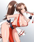  bare_arms bare_thighs bent_over blush breasts brown_eyes brown_hair cleavage fan fatal_fury folding_fan hand_on_hip high_ponytail highres holding holding_fan large_breasts long_hair ninja ponytail shiranui_mai sideboob simple_background the_king_of_fighters yensh 