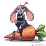  &lt;3 2018 anthro bara_(artist) belt blush buckteeth carrot clothed clothing disney female food fully_clothed fur grey_body grey_fur head_tuft judy_hopps lagomorph leporid looking_at_viewer mammal open_mouth open_smile pink_nose plant police_uniform purple_eyes rabbit simple_background sitting smile solo teeth tuft uniform vegetable white_background zootopia 