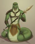  5_fingers abs biceps clothing fingers forked_tongue front_view green_body green_scales holding_object holding_spear holding_weapon loincloth looking_at_viewer male melee_weapon muscular muscular_male naga navel pecs polearm reptile rov scales scalie serpentine shadow slit_pupils snake solo spear tongue weapon 