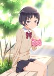  1girl bangs bench black_hair black_skirt bob_cut bow bowtie bush cardigan foliage food furoshiki highres holding holding_food kyak_bamboo light_blush light_smile looking_at_viewer obentou original red_bow school_uniform short_hair sitting skirt solo striped striped_bow striped_neckwear tan_sweater 